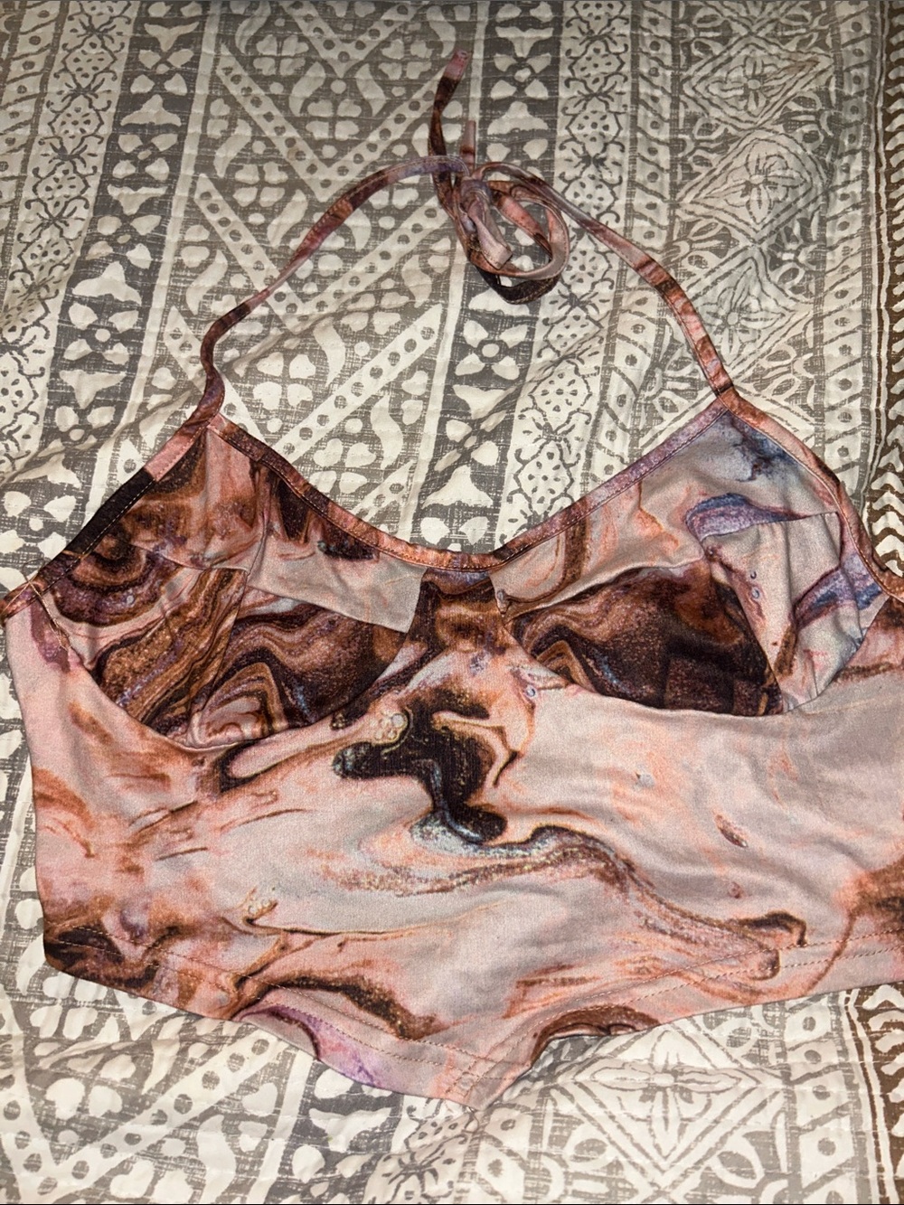 Marble Print Satin Crop Cami - Pink & Brown